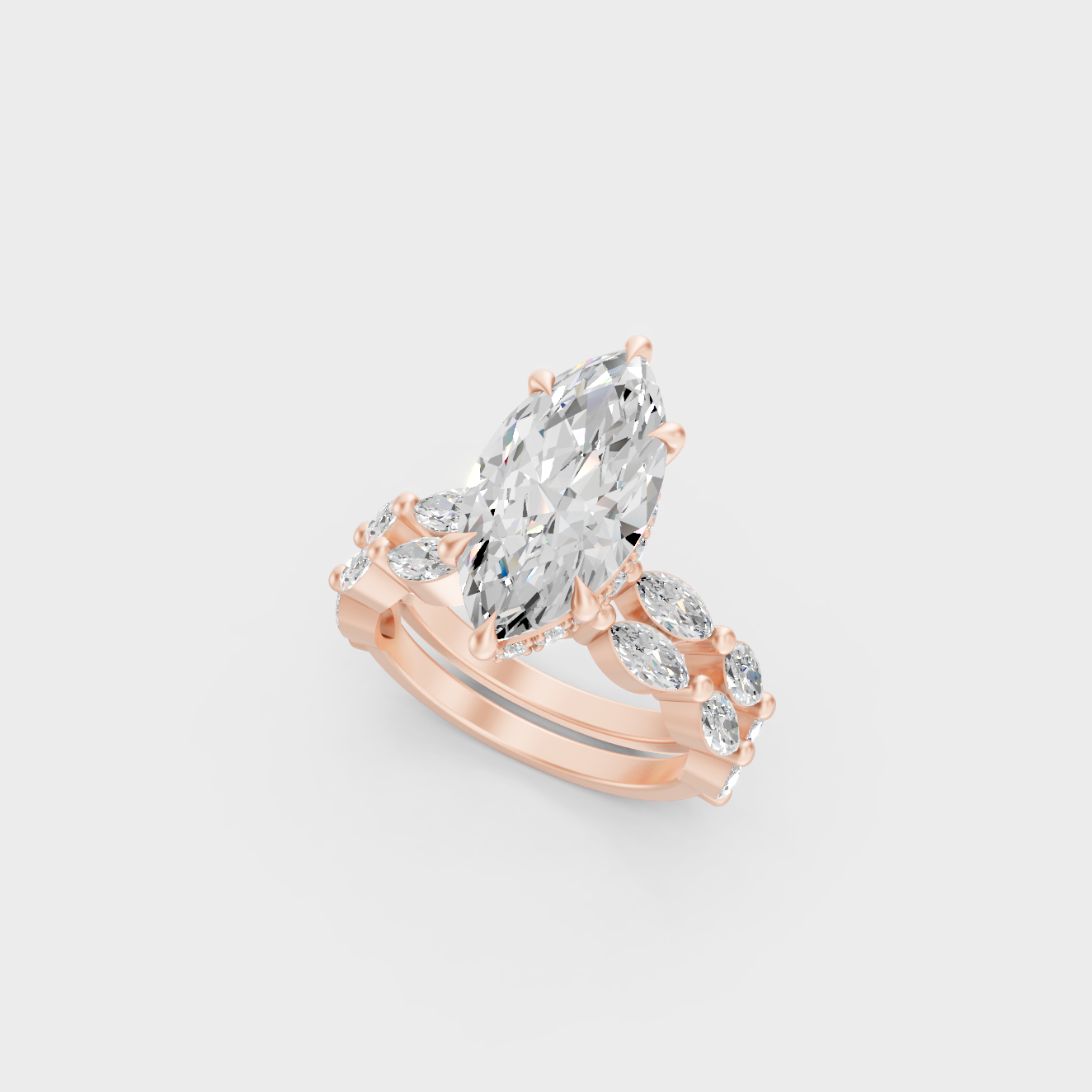 Rose Gold Marquise Lab Grown Diamond Hidden Halo Ring Set Luxury Style